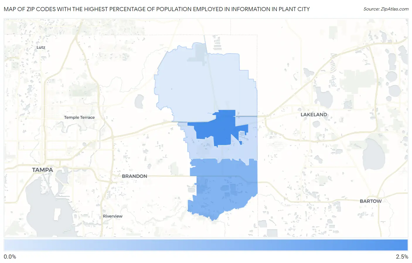 Zip Codes with the Highest Percentage of Population Employed in Information in Plant City Map