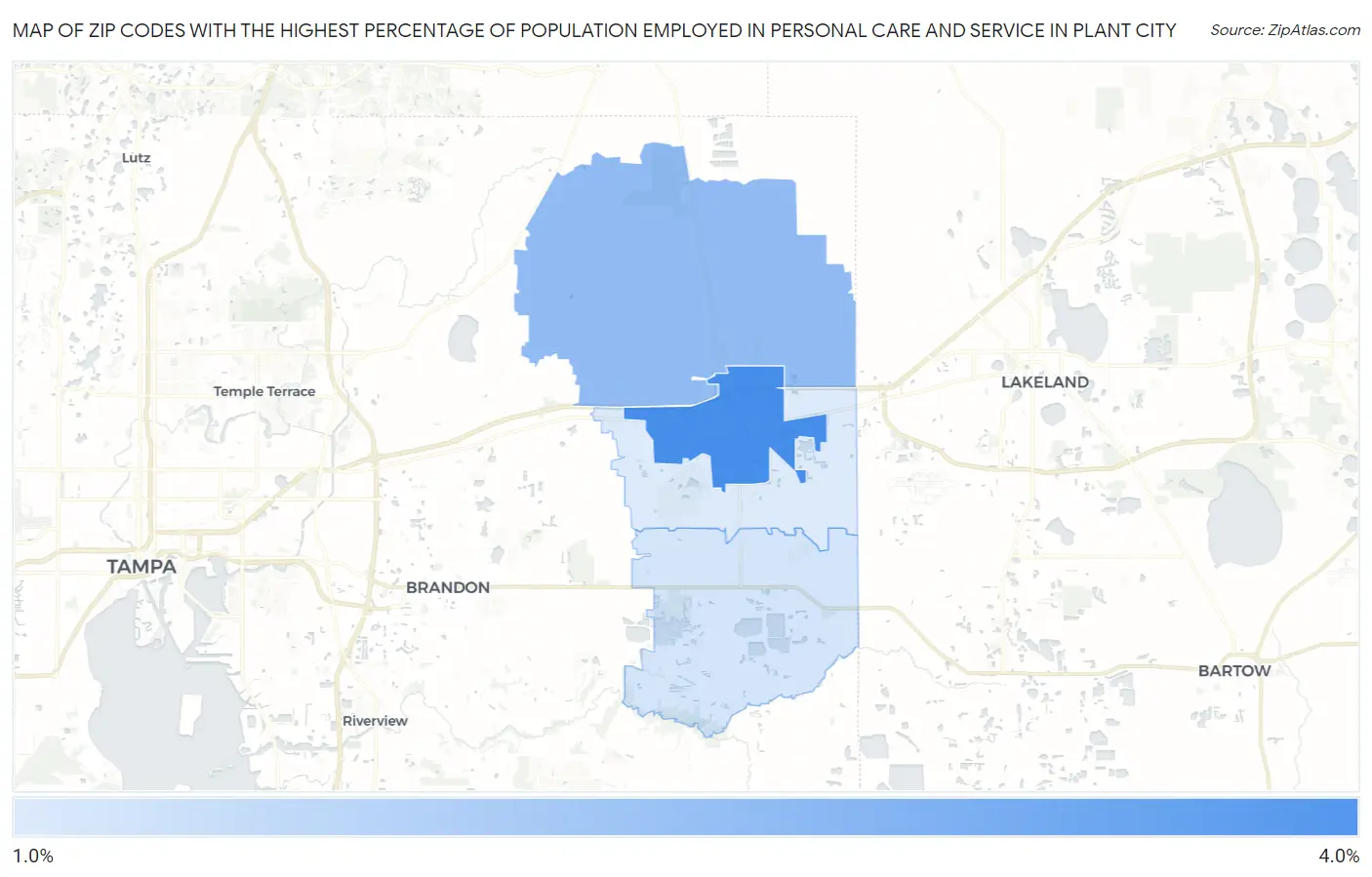 Zip Codes with the Highest Percentage of Population Employed in Personal Care and Service in Plant City Map