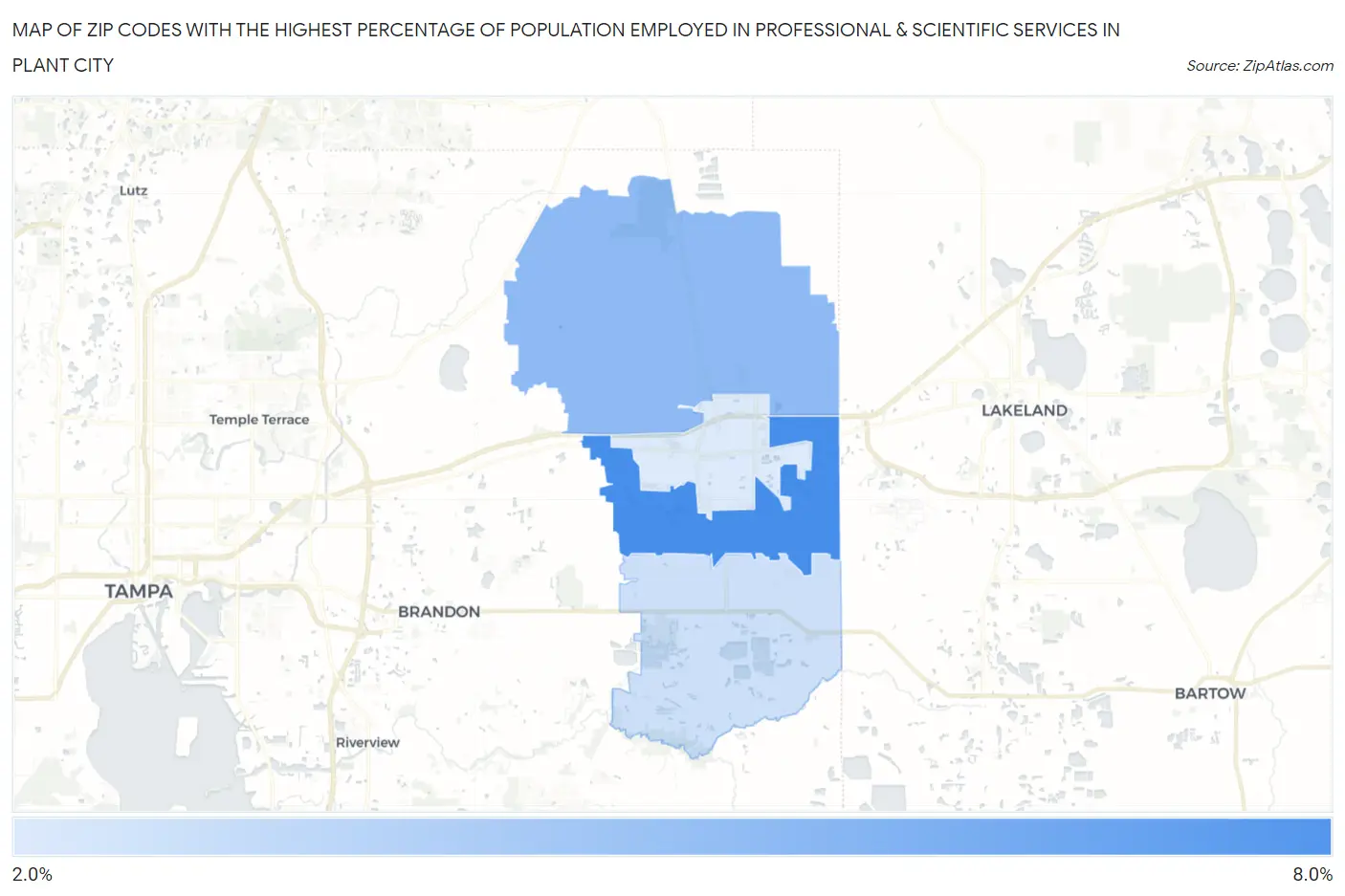 Zip Codes with the Highest Percentage of Population Employed in Professional & Scientific Services in Plant City Map