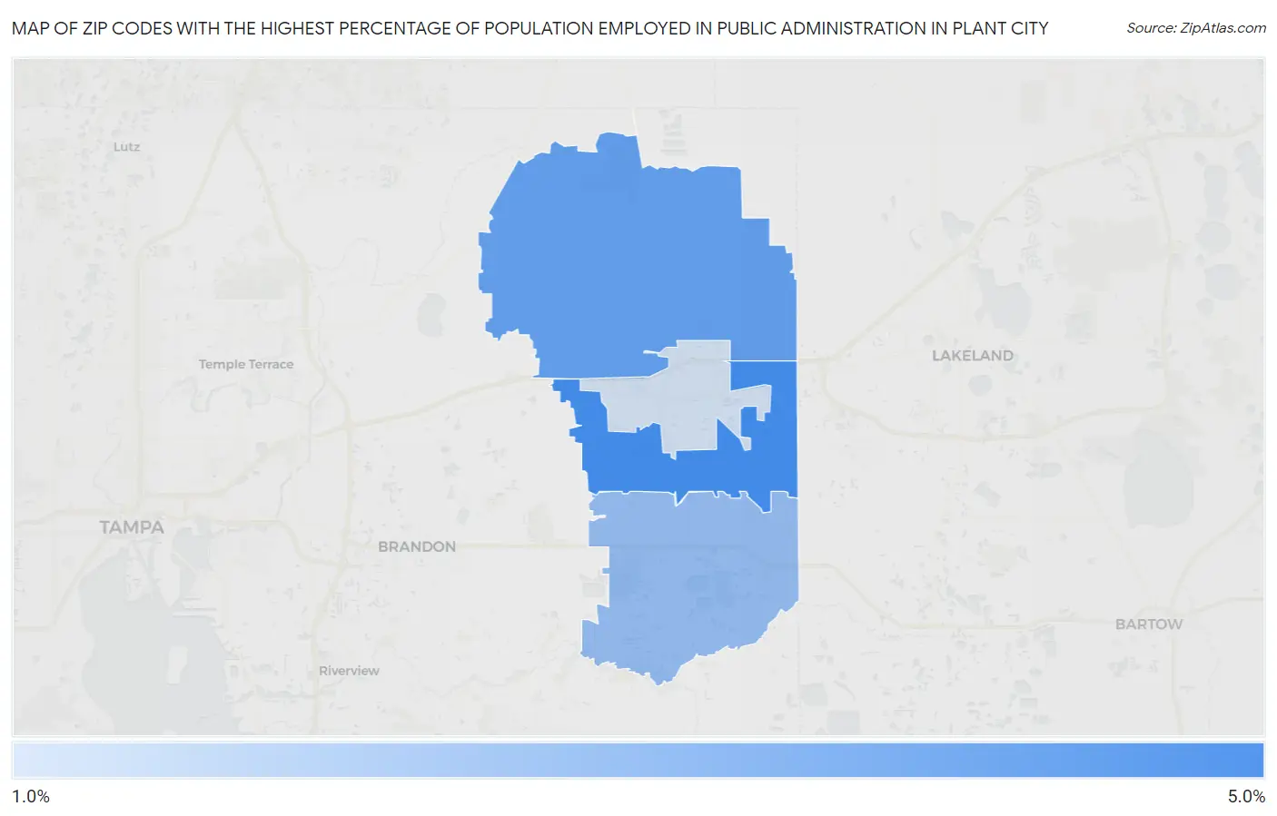 Zip Codes with the Highest Percentage of Population Employed in Public Administration in Plant City Map