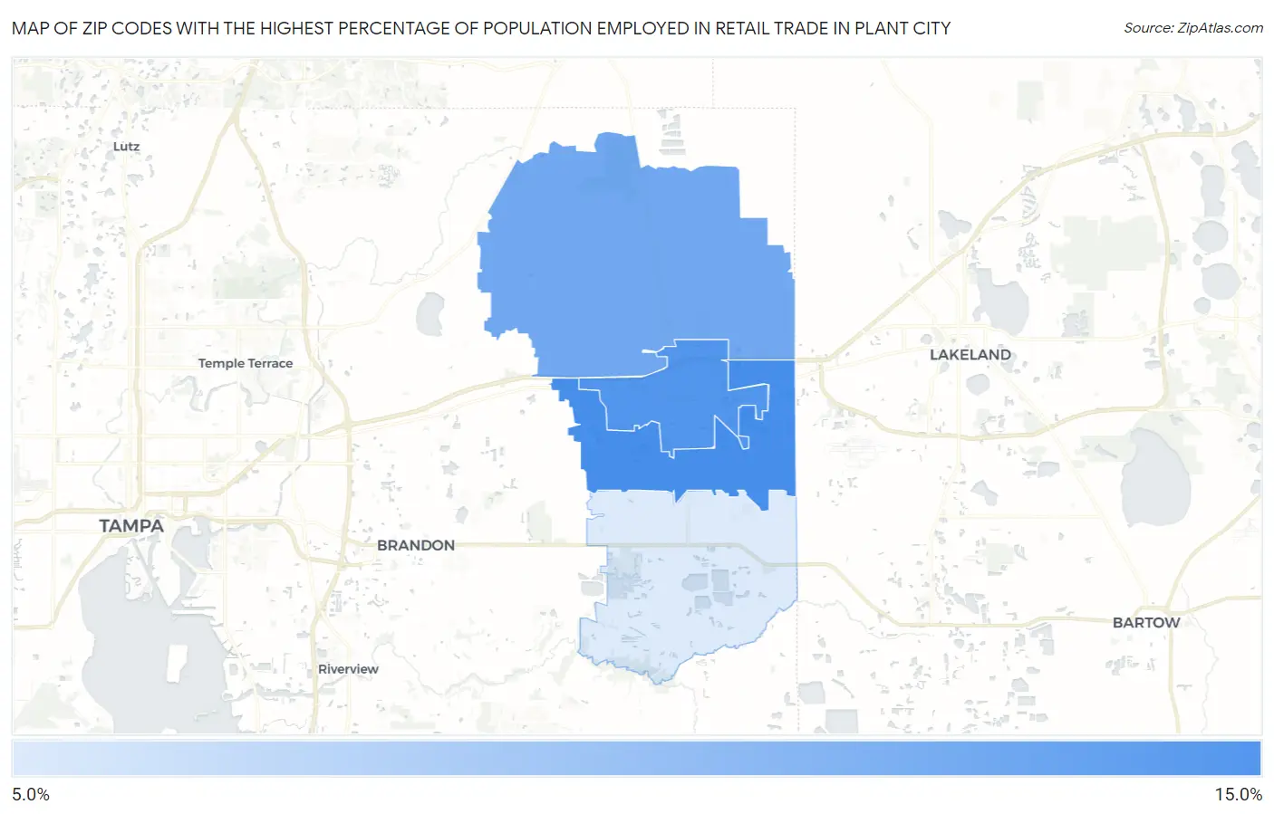 Zip Codes with the Highest Percentage of Population Employed in Retail Trade in Plant City Map