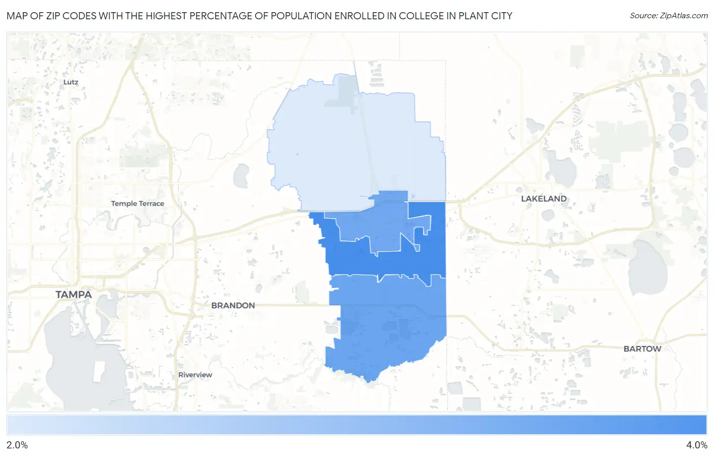 Zip Codes with the Highest Percentage of Population Enrolled in College in Plant City Map