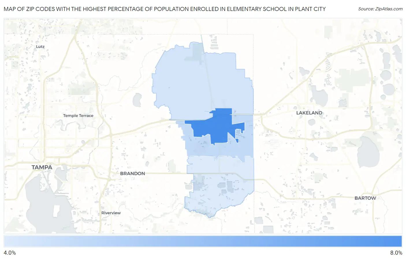 Zip Codes with the Highest Percentage of Population Enrolled in Elementary School in Plant City Map