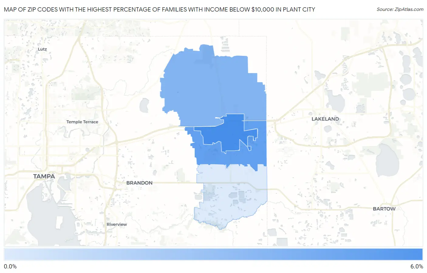 Zip Codes with the Highest Percentage of Families with Income Below $10,000 in Plant City Map