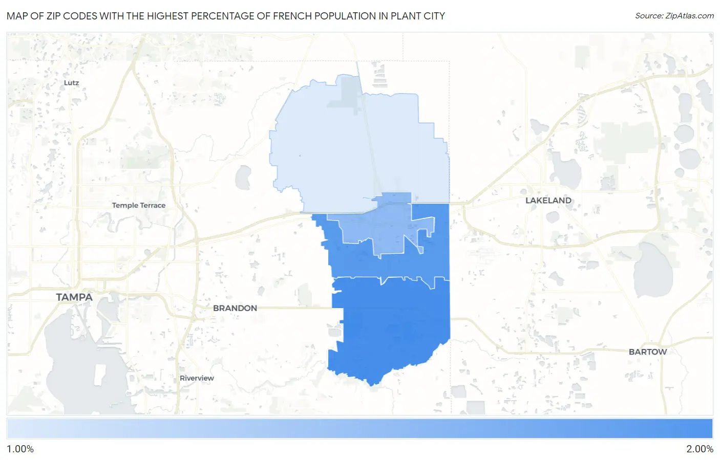 Zip Codes with the Highest Percentage of French Population in Plant City Map