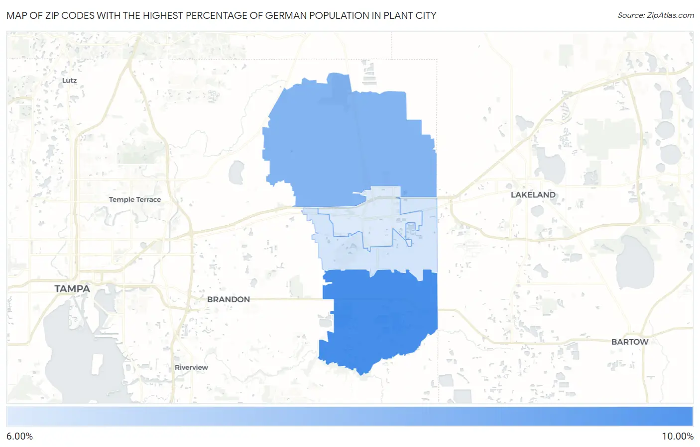 Zip Codes with the Highest Percentage of German Population in Plant City Map