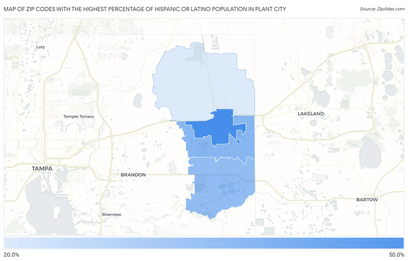 Zip Codes with the Highest Percentage of Hispanic or Latino Population in Plant City Map