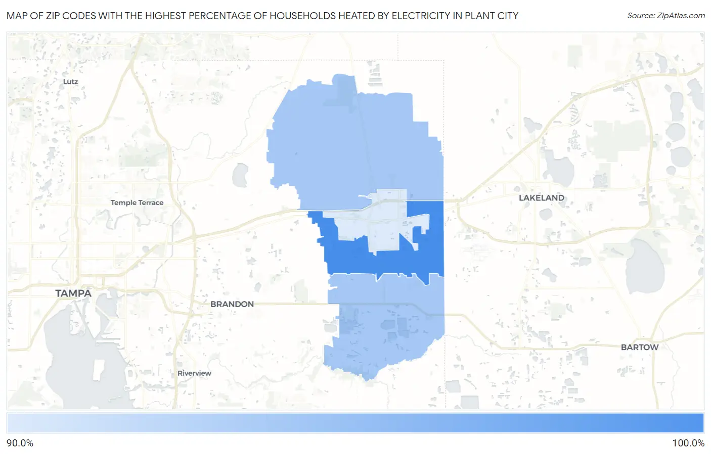 Zip Codes with the Highest Percentage of Households Heated by Electricity in Plant City Map