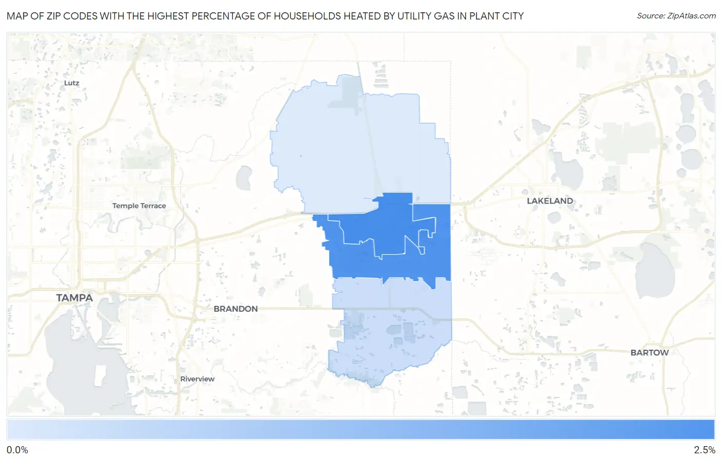 Zip Codes with the Highest Percentage of Households Heated by Utility Gas in Plant City Map