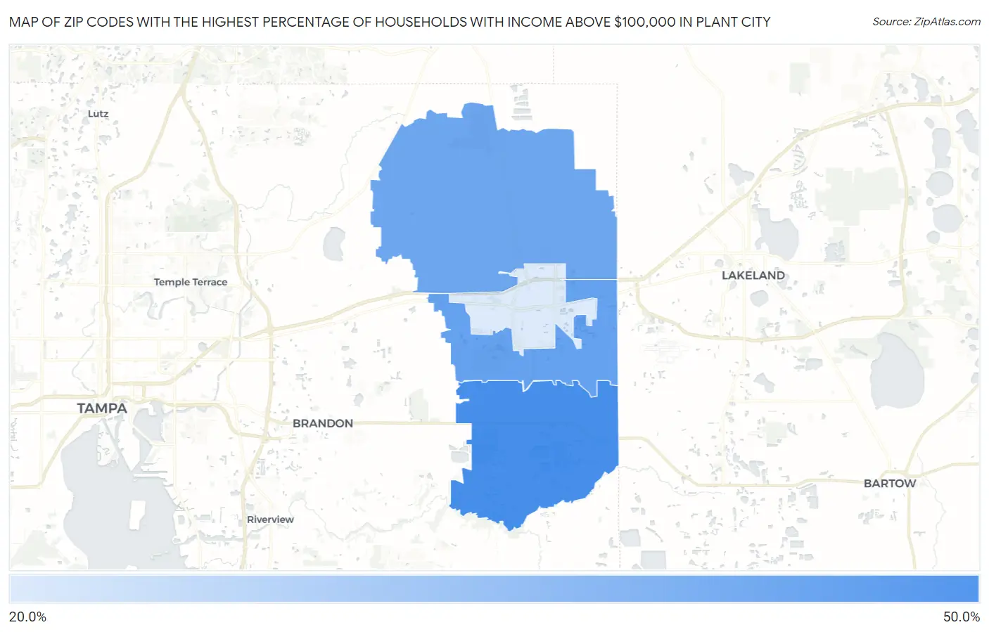 Zip Codes with the Highest Percentage of Households with Income Above $100,000 in Plant City Map