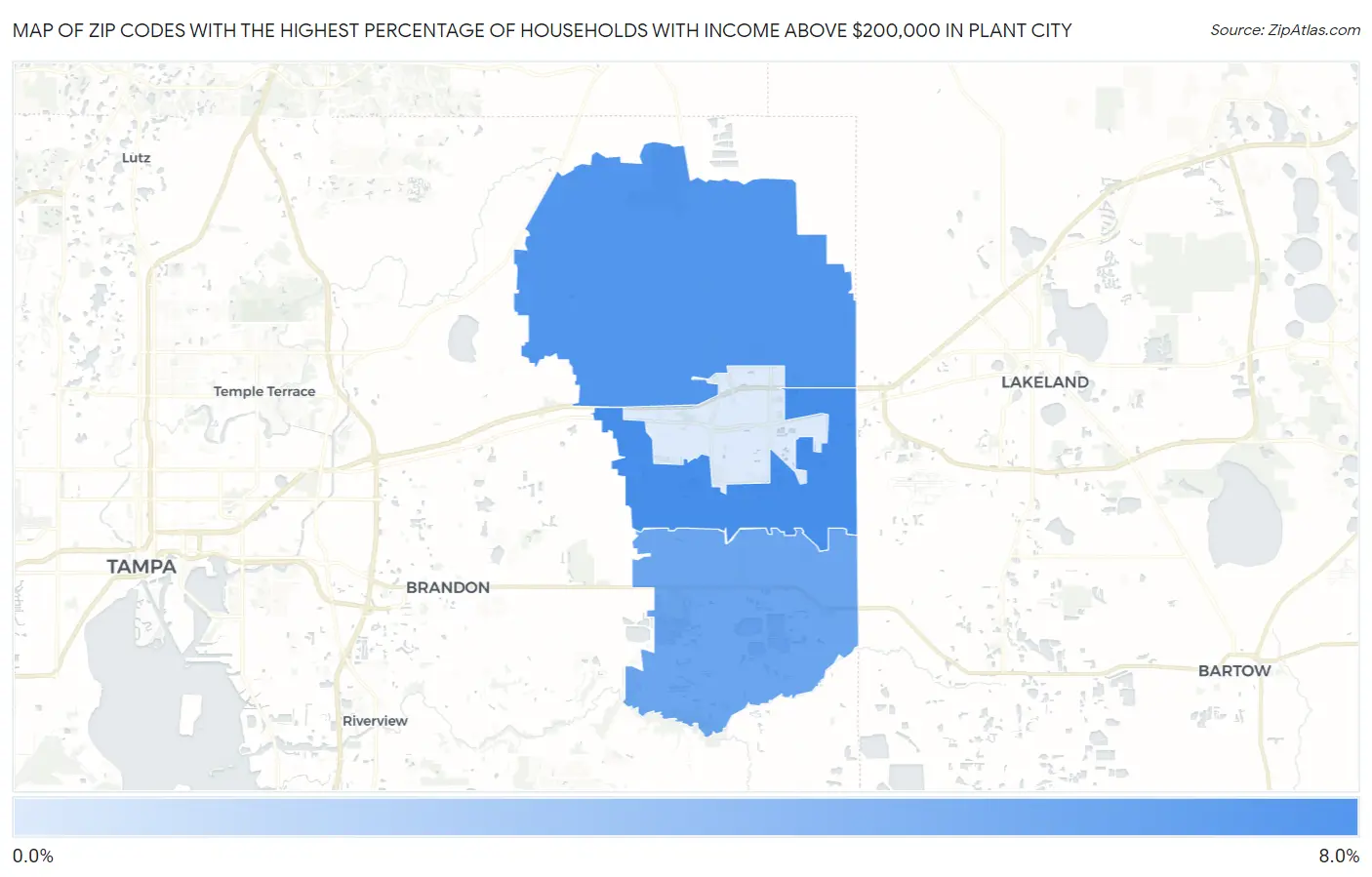 Zip Codes with the Highest Percentage of Households with Income Above $200,000 in Plant City Map