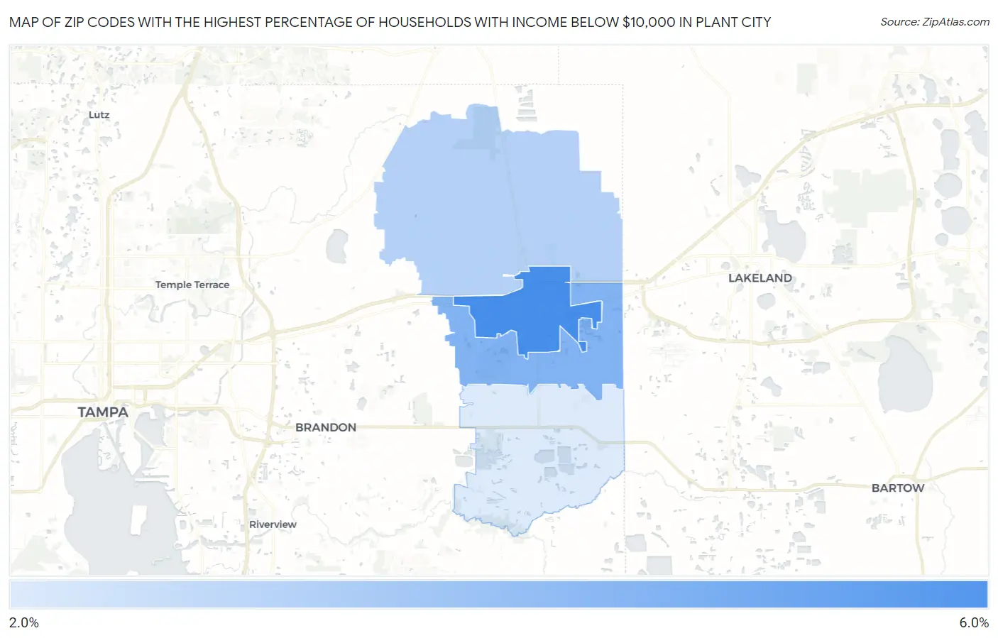 Zip Codes with the Highest Percentage of Households with Income Below $10,000 in Plant City Map