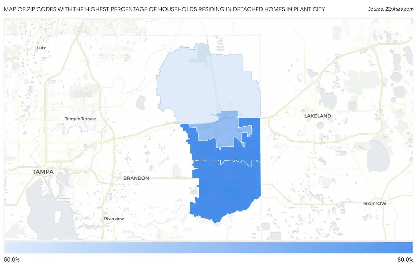 Zip Codes with the Highest Percentage of Households Residing in Detached Homes in Plant City Map