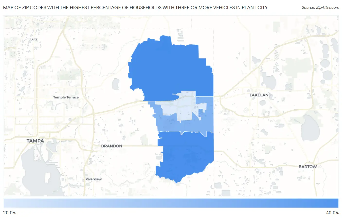 Zip Codes with the Highest Percentage of Households With Three or more Vehicles in Plant City Map