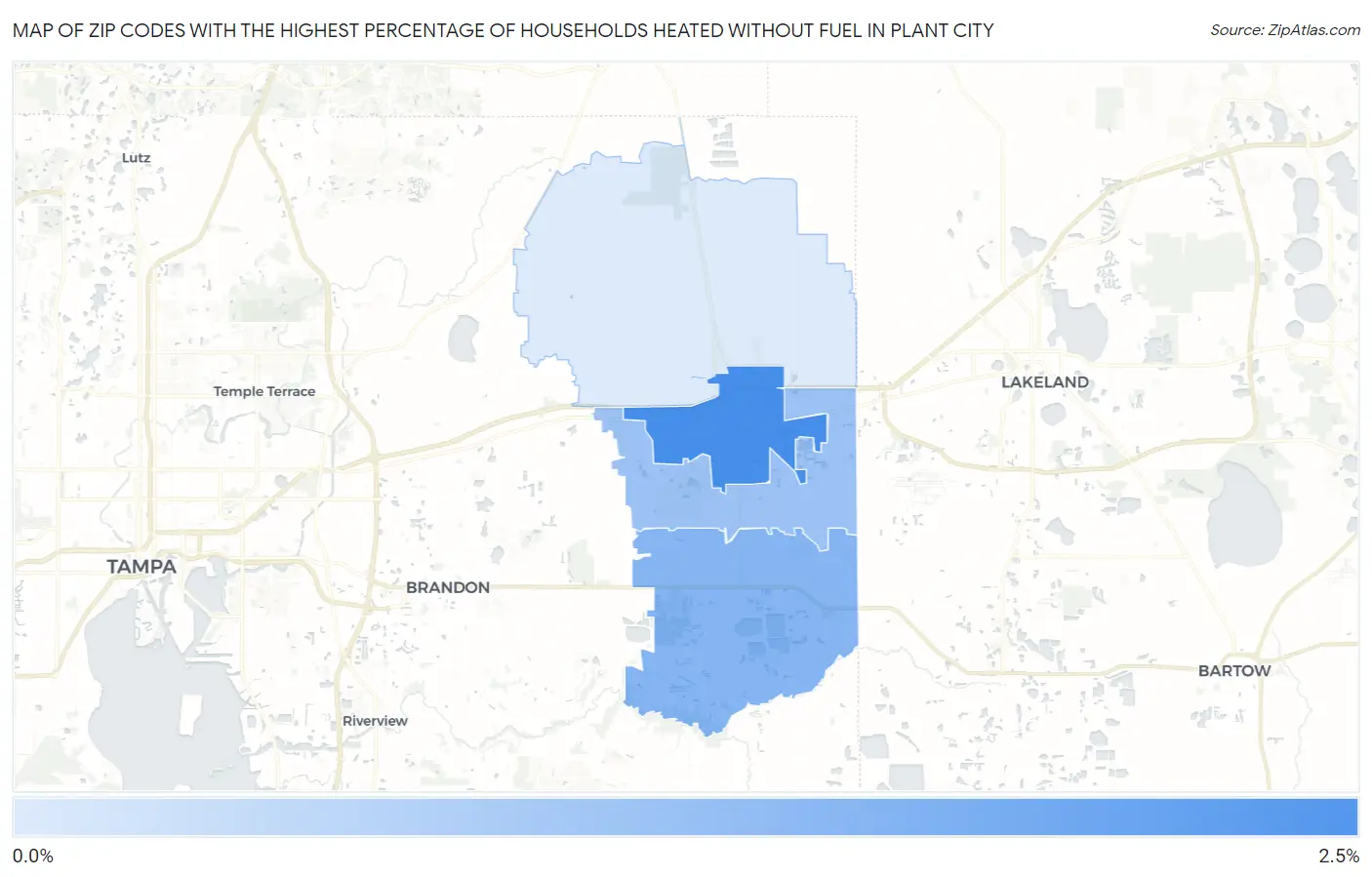 Zip Codes with the Highest Percentage of Households Heated without Fuel in Plant City Map
