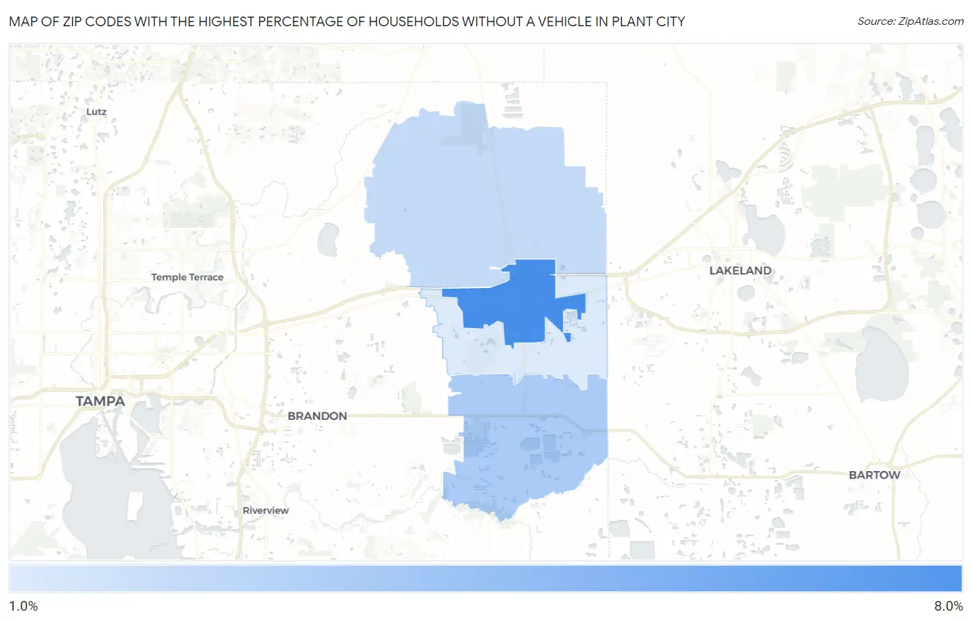 Zip Codes with the Highest Percentage of Households Without a Vehicle in Plant City Map