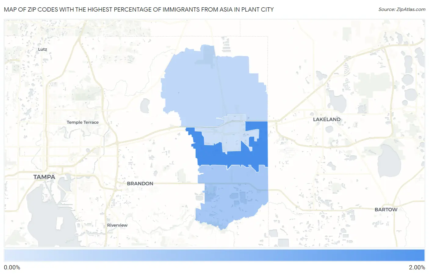Zip Codes with the Highest Percentage of Immigrants from Asia in Plant City Map