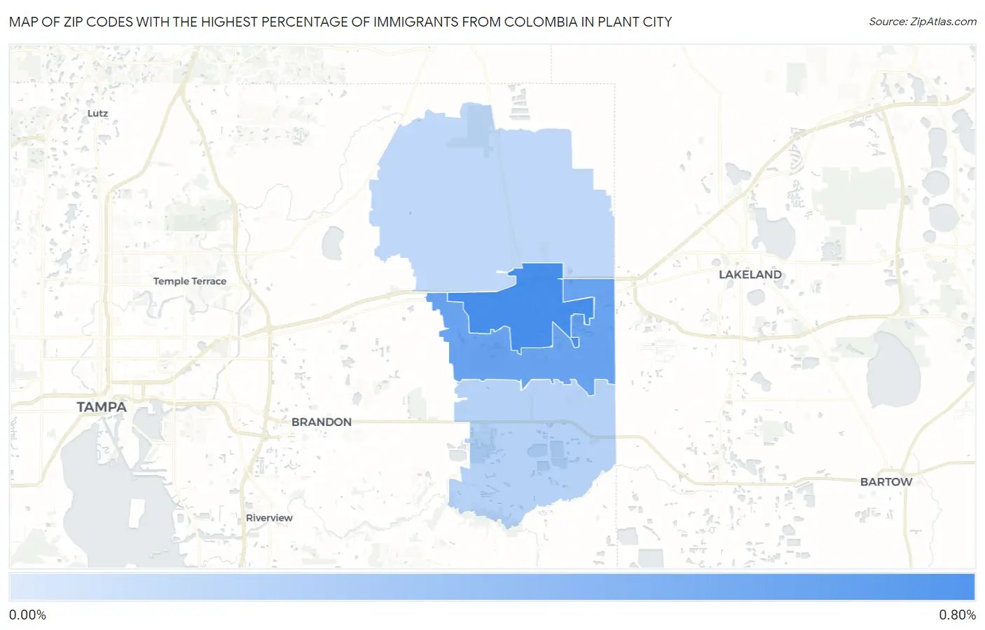Zip Codes with the Highest Percentage of Immigrants from Colombia in Plant City Map