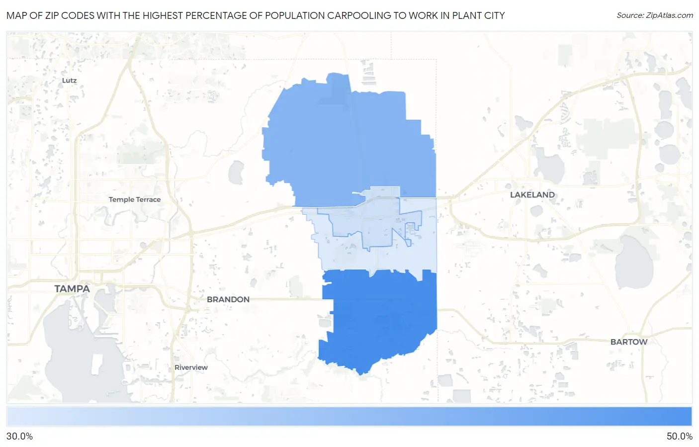 Zip Codes with the Highest Percentage of Population Carpooling to Work in Plant City Map