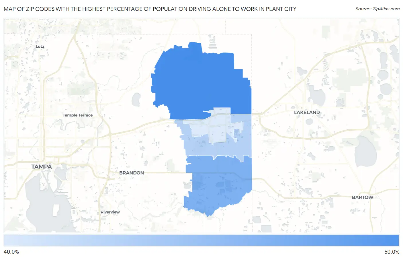 Zip Codes with the Highest Percentage of Population Driving Alone to Work in Plant City Map