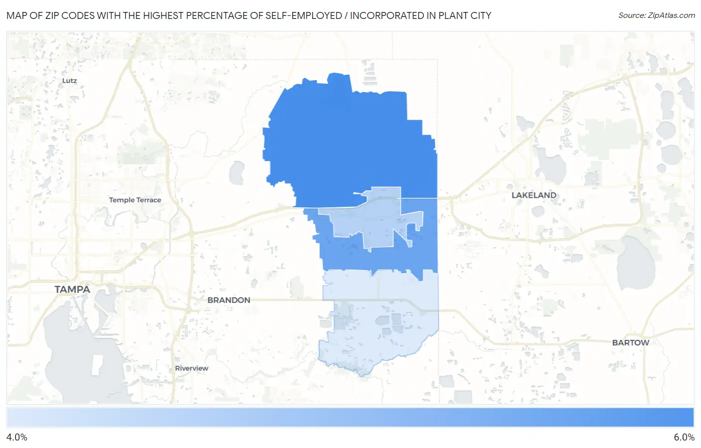 Zip Codes with the Highest Percentage of Self-Employed / Incorporated in Plant City Map