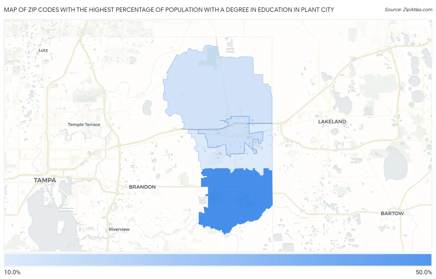 Zip Codes with the Highest Percentage of Population with a Degree in Education in Plant City Map