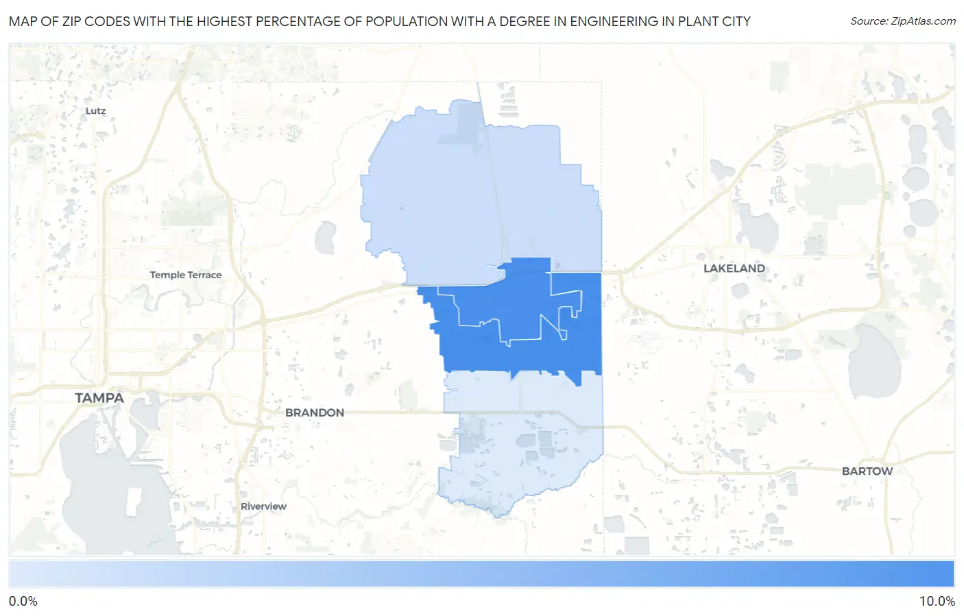 Zip Codes with the Highest Percentage of Population with a Degree in Engineering in Plant City Map