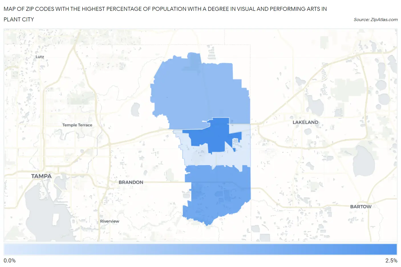 Zip Codes with the Highest Percentage of Population with a Degree in Visual and Performing Arts in Plant City Map
