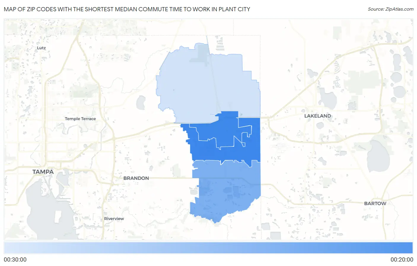 Zip Codes with the Shortest Median Commute Time to Work in Plant City Map