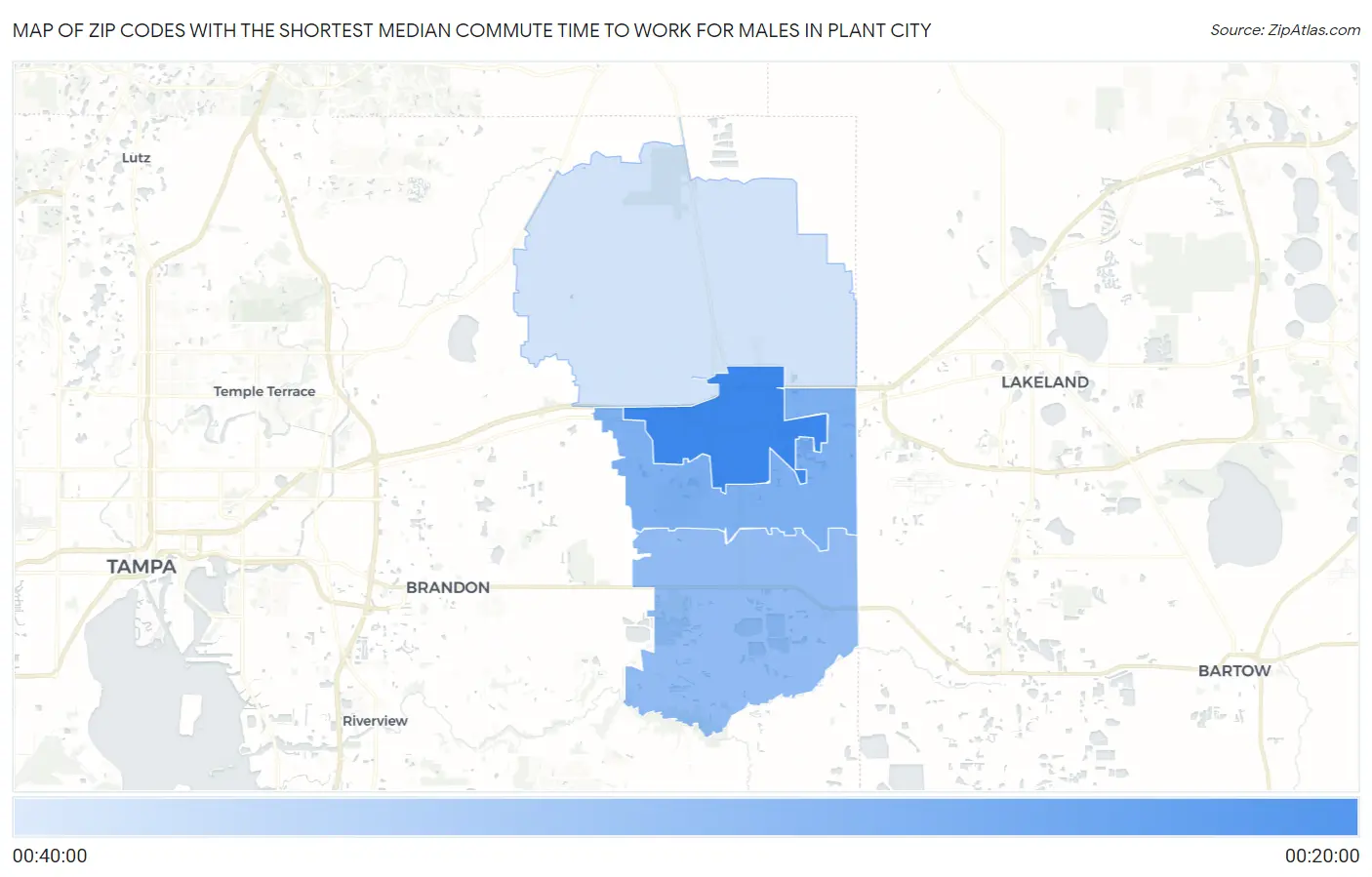 Zip Codes with the Shortest Median Commute Time to Work for Males in Plant City Map