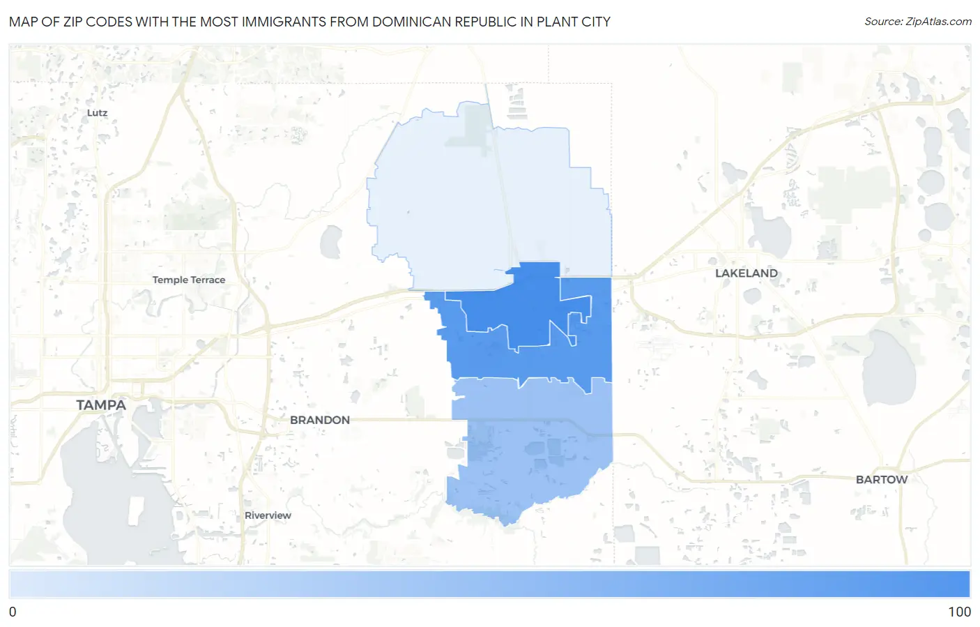 Zip Codes with the Most Immigrants from Dominican Republic in Plant City Map