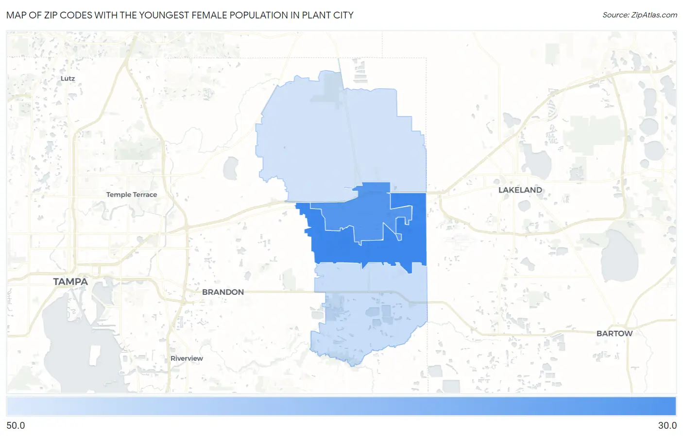 Zip Codes with the Youngest Female Population in Plant City Map