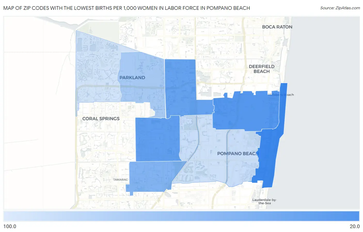 Zip Codes with the Lowest Births per 1,000 Women in Labor Force in Pompano Beach Map