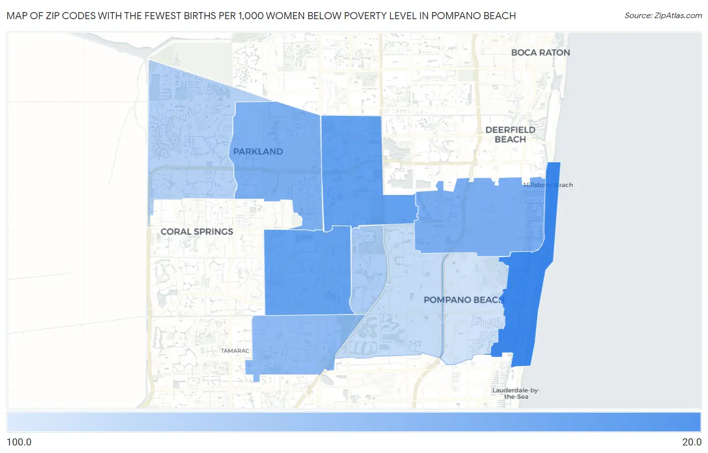 Zip Codes with the Fewest Births per 1,000 Women Below Poverty Level in Pompano Beach Map