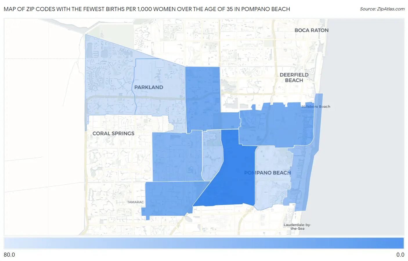 Zip Codes with the Fewest Births per 1,000 Women Over the Age of 35 in Pompano Beach Map