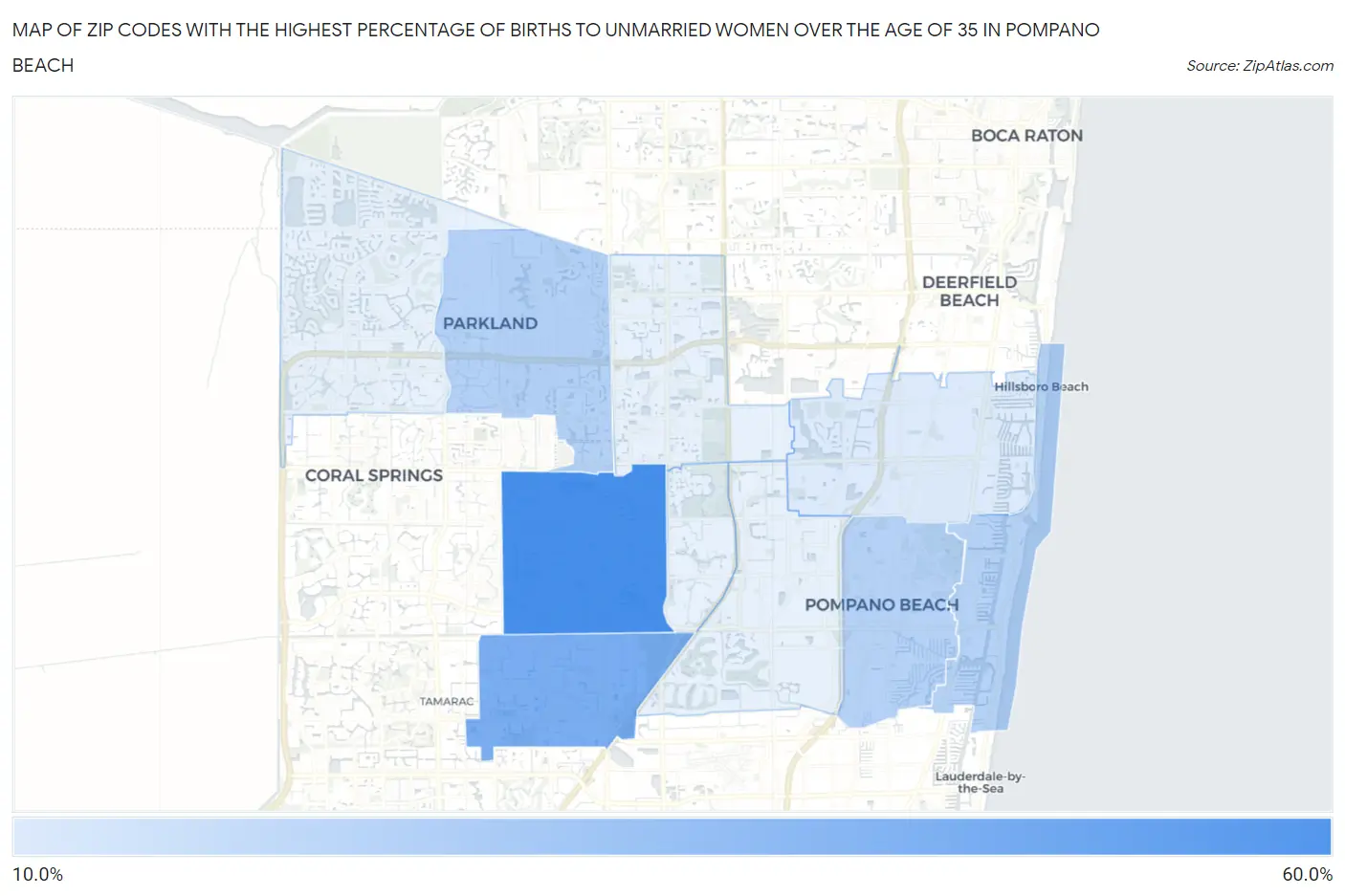 Zip Codes with the Highest Percentage of Births to Unmarried Women over the Age of 35 in Pompano Beach Map