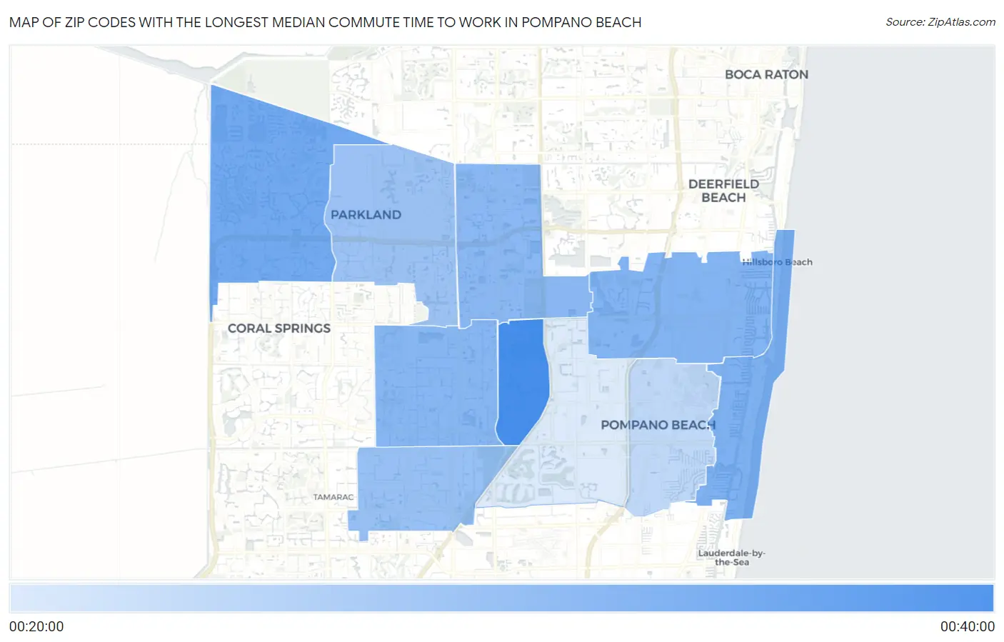 Zip Codes with the Longest Median Commute Time to Work in Pompano Beach Map