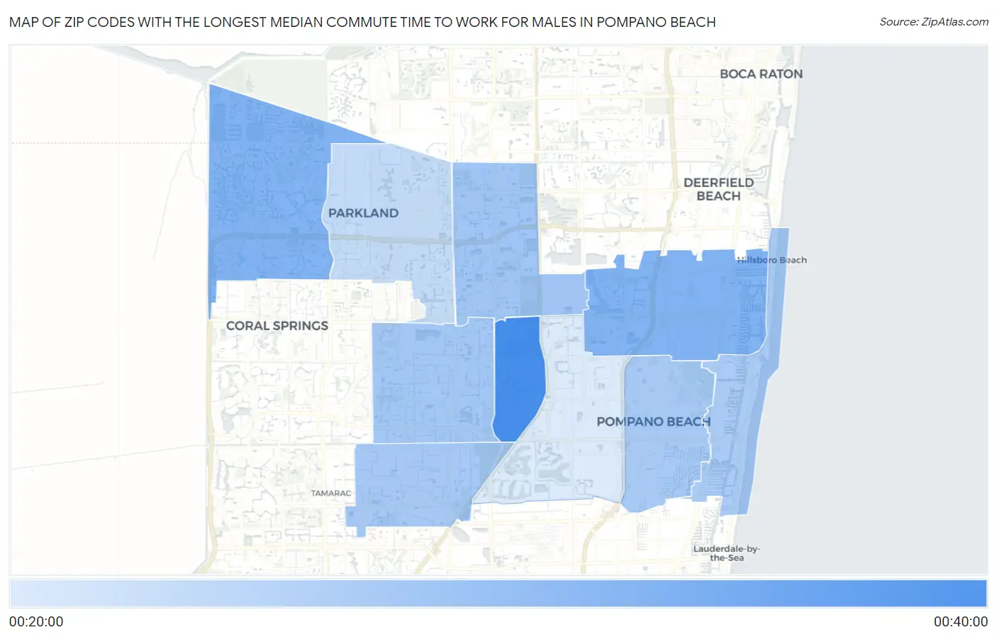 Zip Codes with the Longest Median Commute Time to Work for Males in Pompano Beach Map