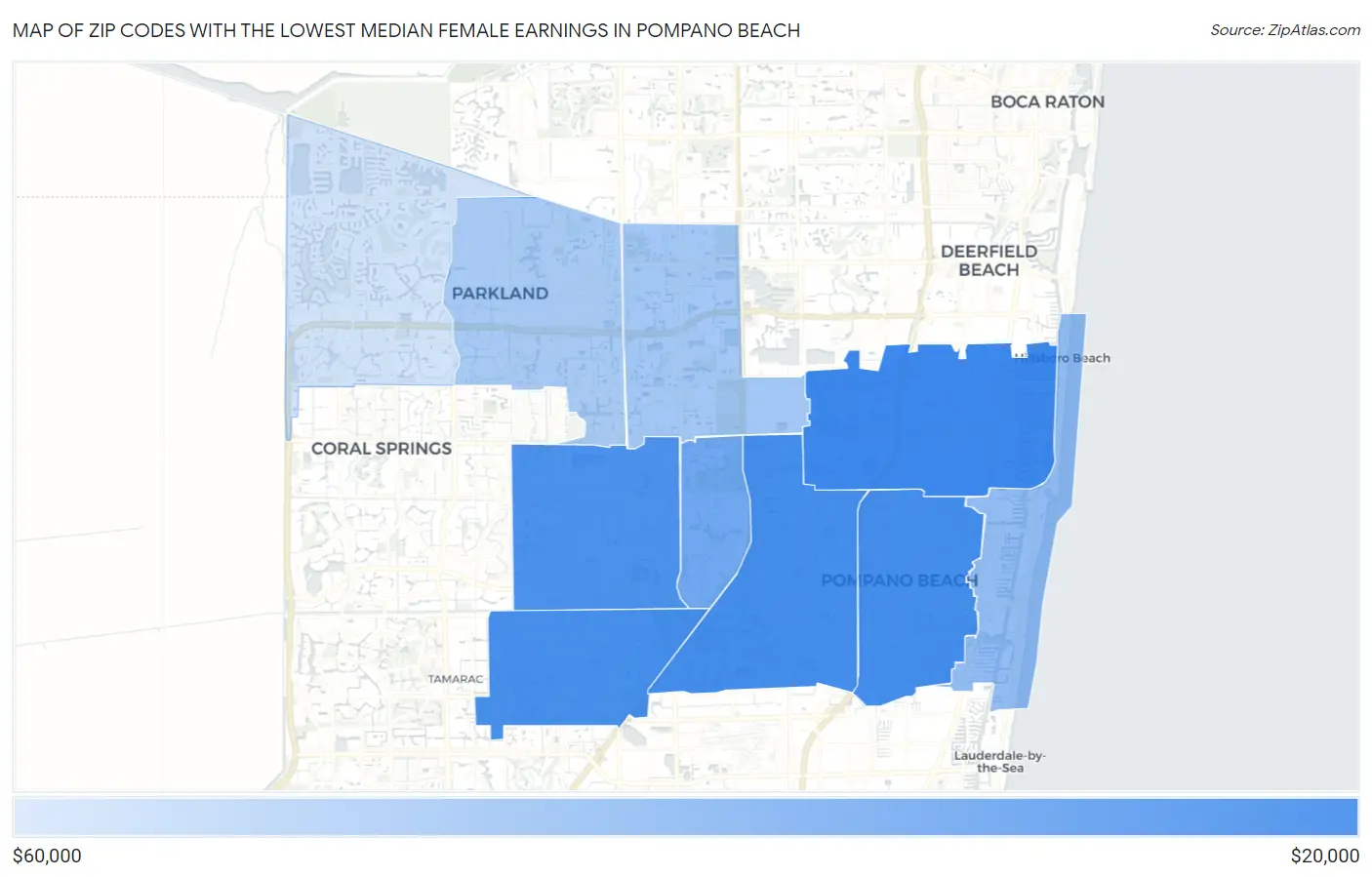Zip Codes with the Lowest Median Female Earnings in Pompano Beach Map