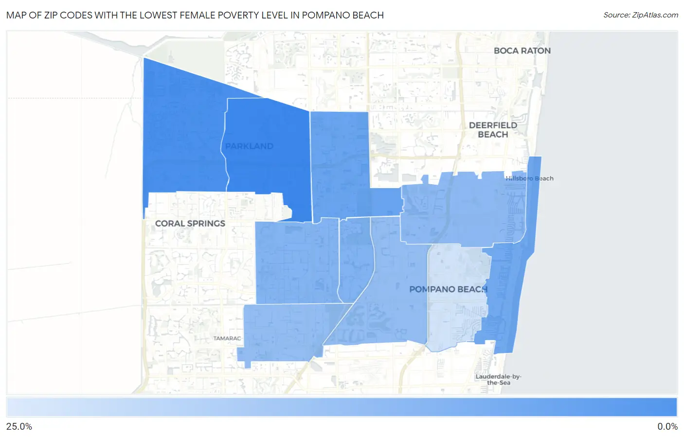 Zip Codes with the Lowest Female Poverty Level in Pompano Beach Map