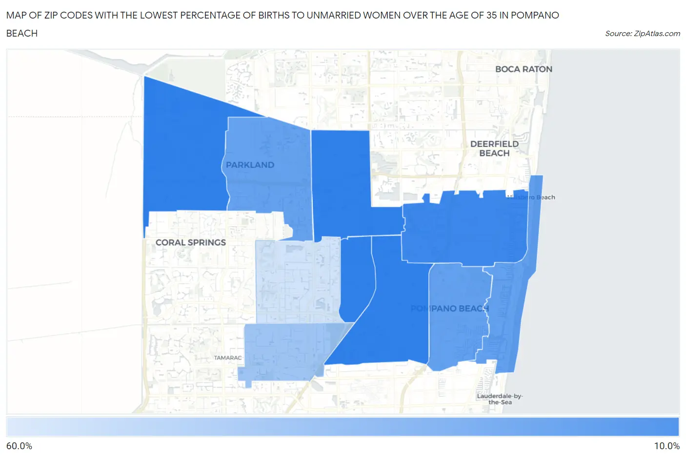 Zip Codes with the Lowest Percentage of Births to Unmarried Women over the Age of 35 in Pompano Beach Map