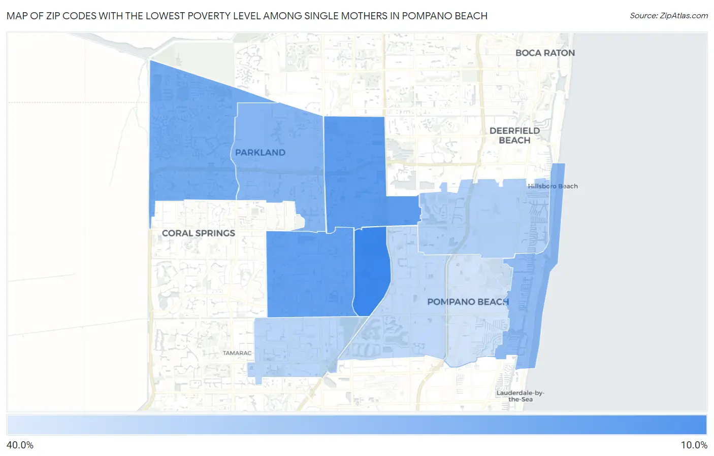 Zip Codes with the Lowest Poverty Level Among Single Mothers in Pompano Beach Map