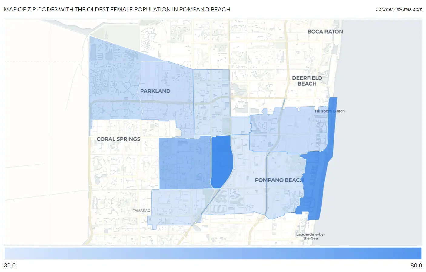Zip Codes with the Oldest Female Population in Pompano Beach Map