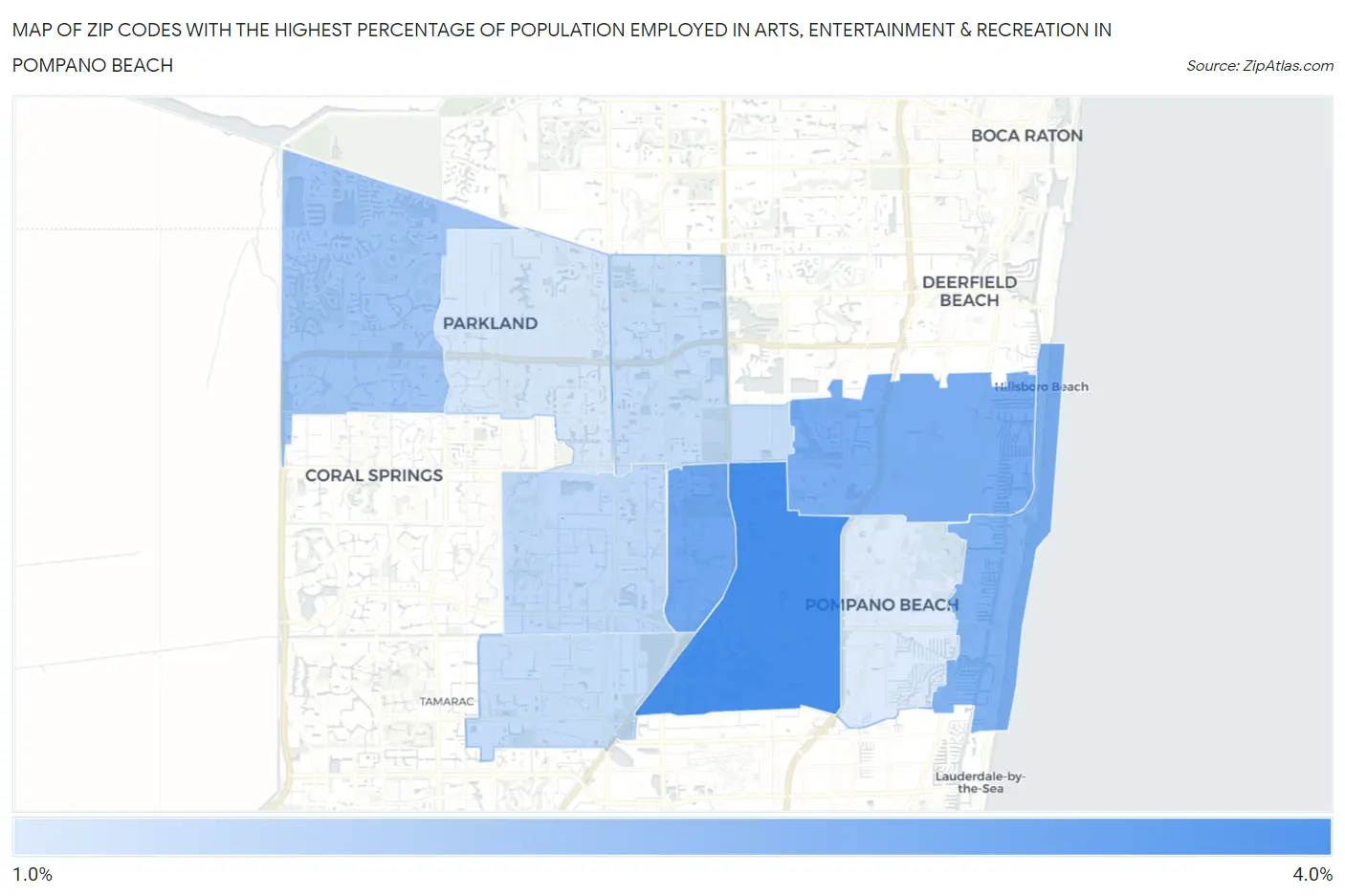 Zip Codes with the Highest Percentage of Population Employed in Arts, Entertainment & Recreation in Pompano Beach Map