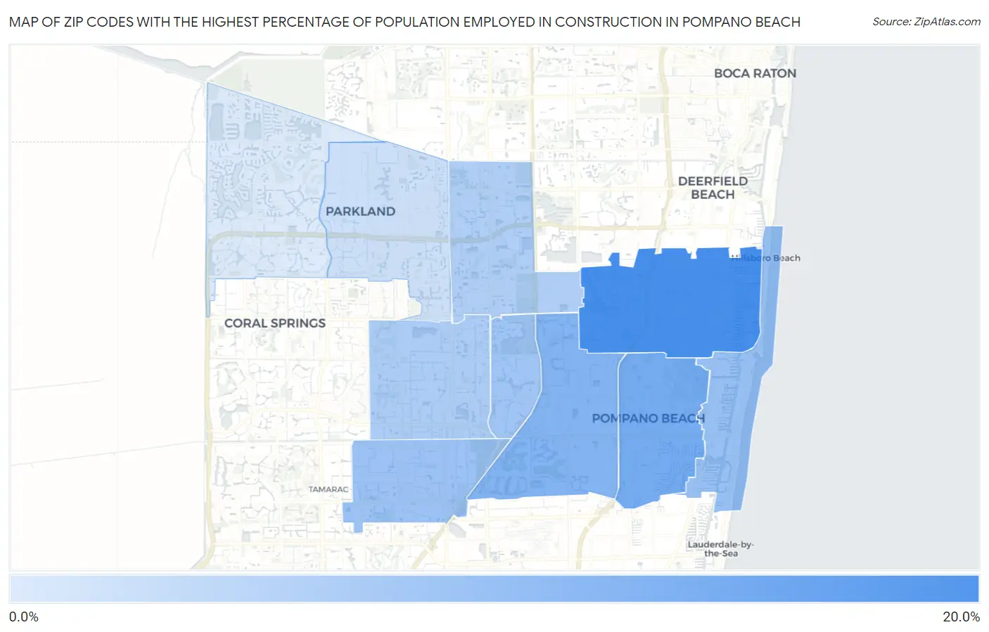 Zip Codes with the Highest Percentage of Population Employed in Construction in Pompano Beach Map