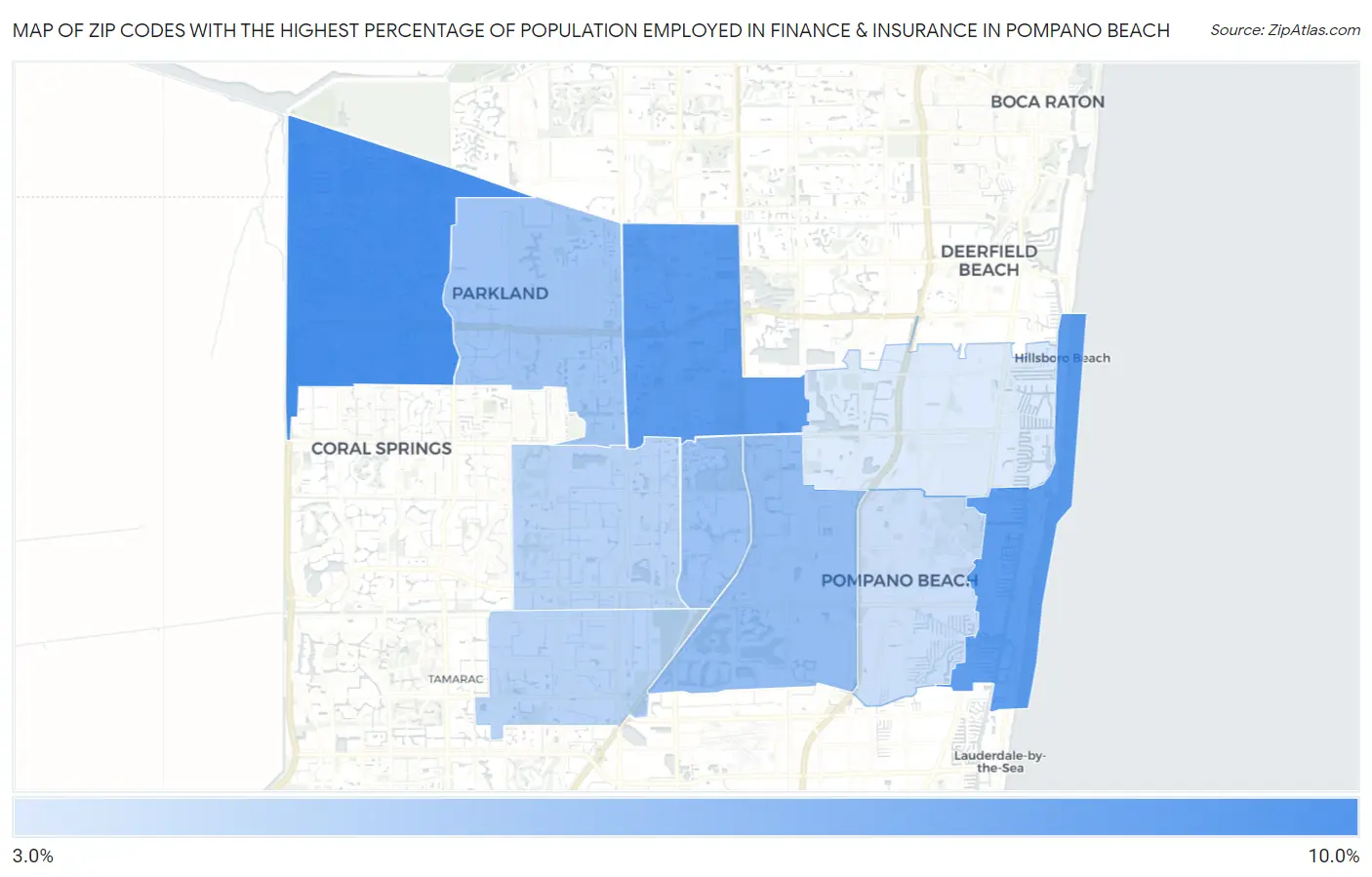 Zip Codes with the Highest Percentage of Population Employed in Finance & Insurance in Pompano Beach Map