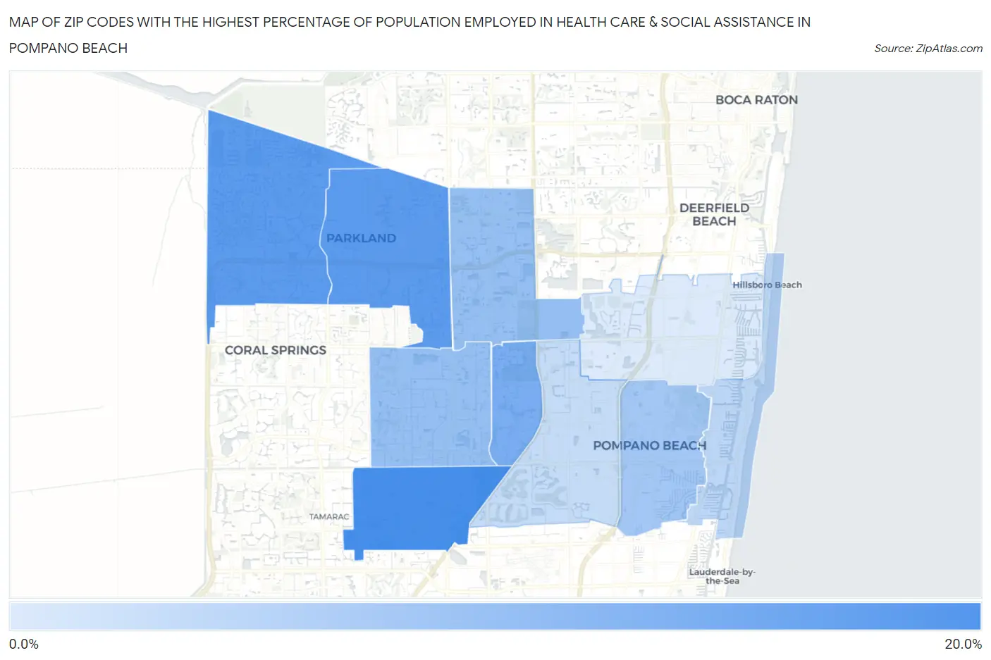 Zip Codes with the Highest Percentage of Population Employed in Health Care & Social Assistance in Pompano Beach Map