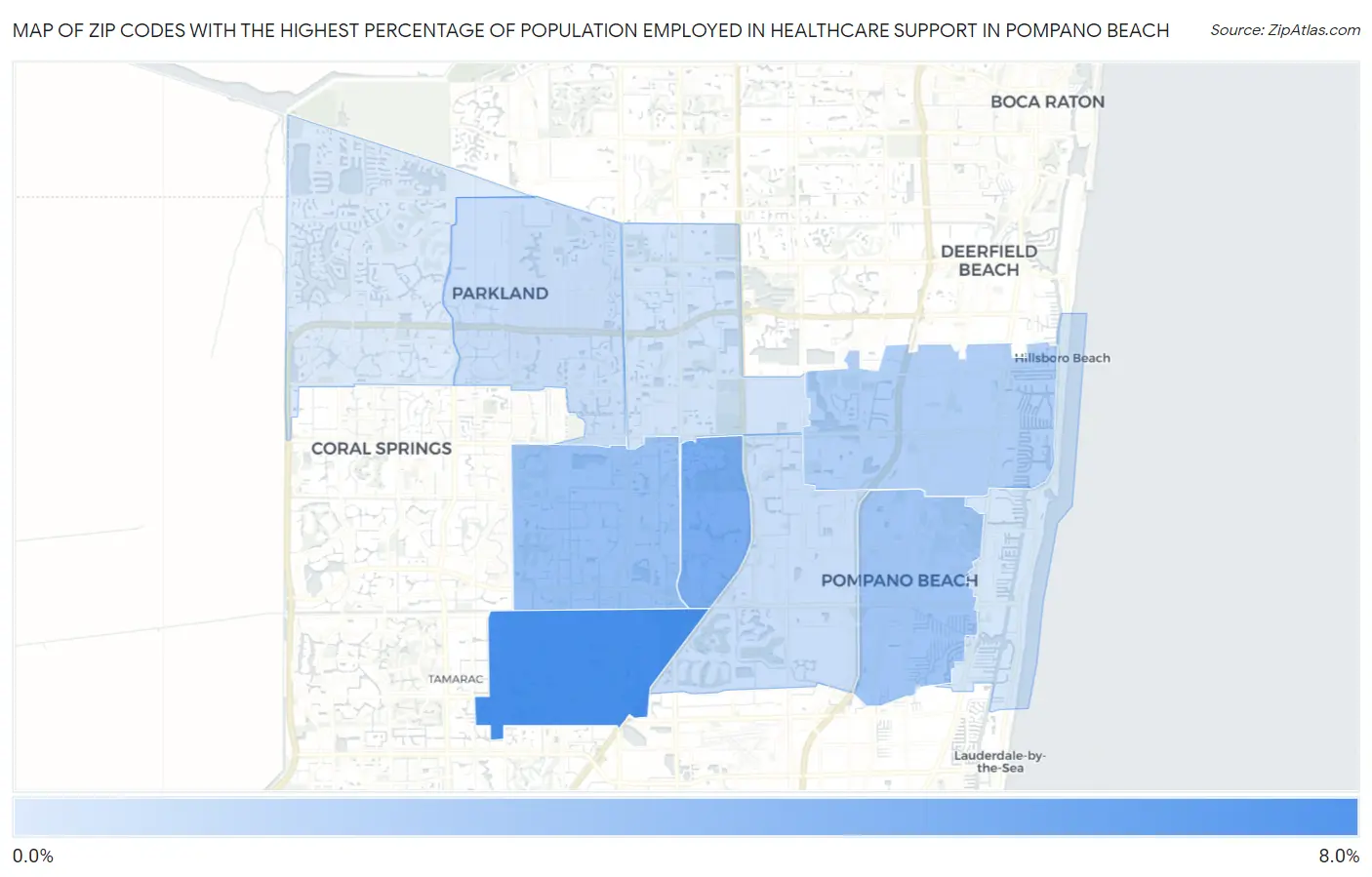 Zip Codes with the Highest Percentage of Population Employed in Healthcare Support in Pompano Beach Map