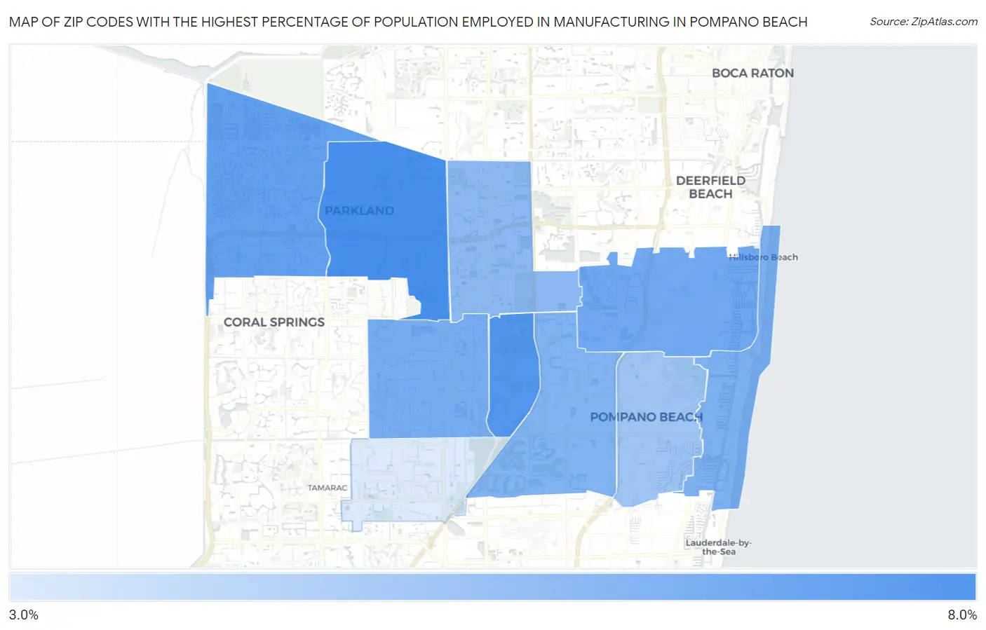 Zip Codes with the Highest Percentage of Population Employed in Manufacturing in Pompano Beach Map