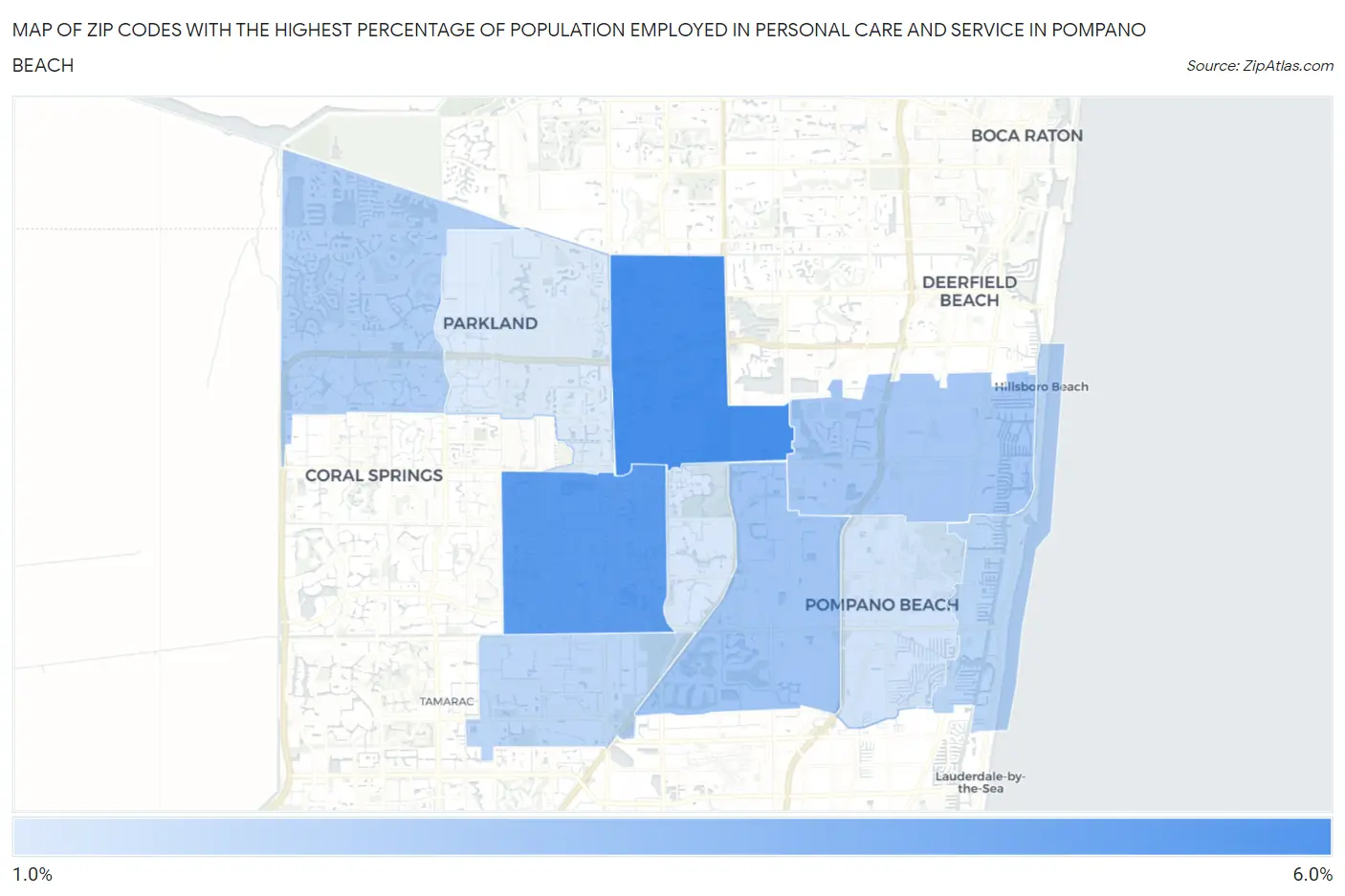 Zip Codes with the Highest Percentage of Population Employed in Personal Care and Service in Pompano Beach Map